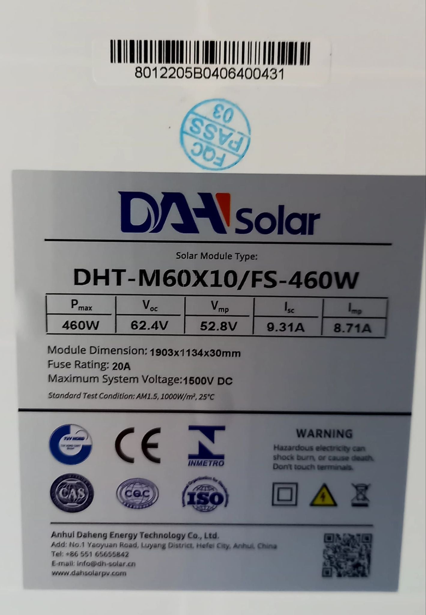 DAH Solar Solarmodul DHT-M60X10/FS Mono 460Wp Vollbild / Schwarzer Rahmen