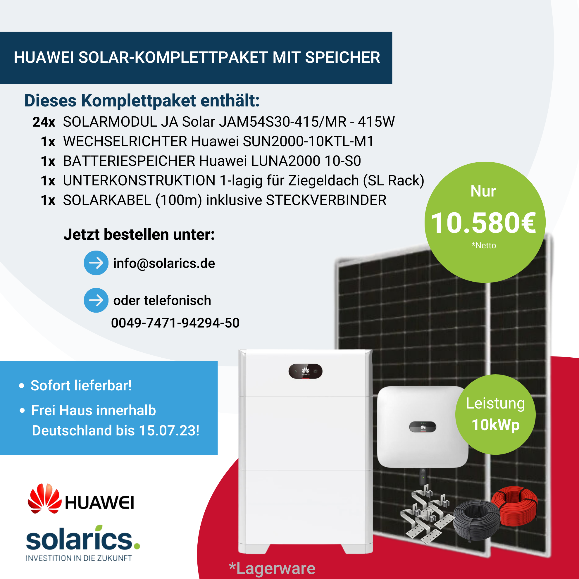 10 kWp Huawei Solar-Komplettpaket mit Speicher