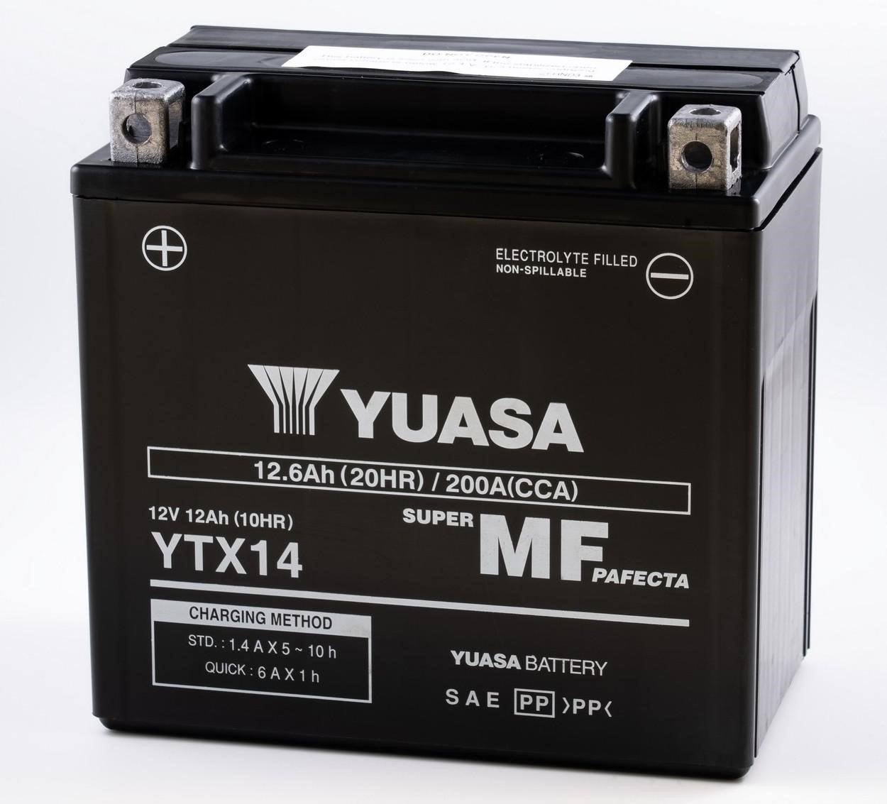 Yuasa Motorradbatterie YTX14-BS / YTX14 12V 12Ah (12,6Ah) (AGM Wartungsfrei)