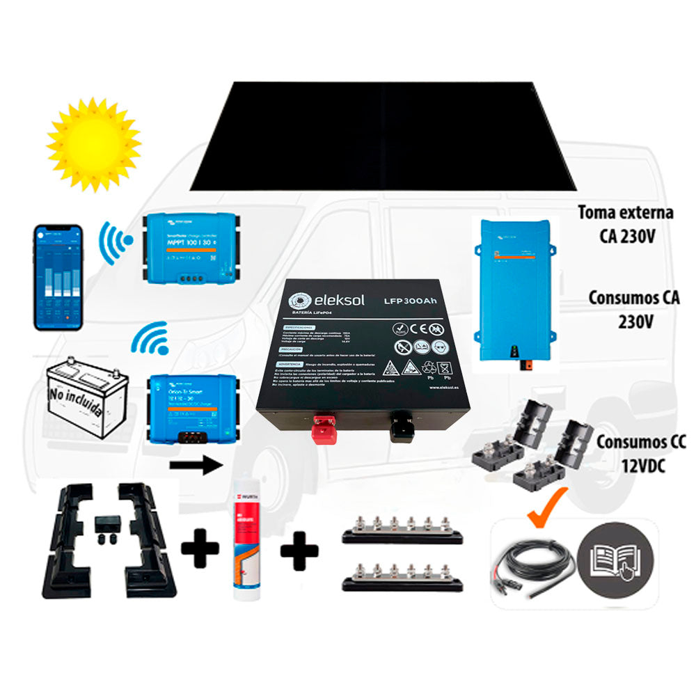 Eleksol Kit Camper booster 50A, solar 400W IBC, acumulación 300Ah LFP, potencia 2000VA