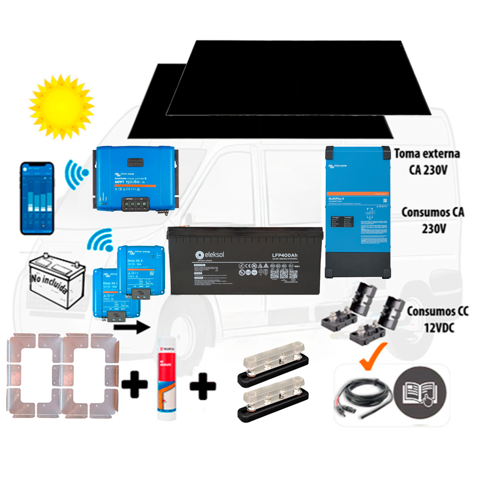 Eleksol Kit Camper booster 100A, solar 2x400W IBC, acumulación 2x400A LFP, potencia 3000VA