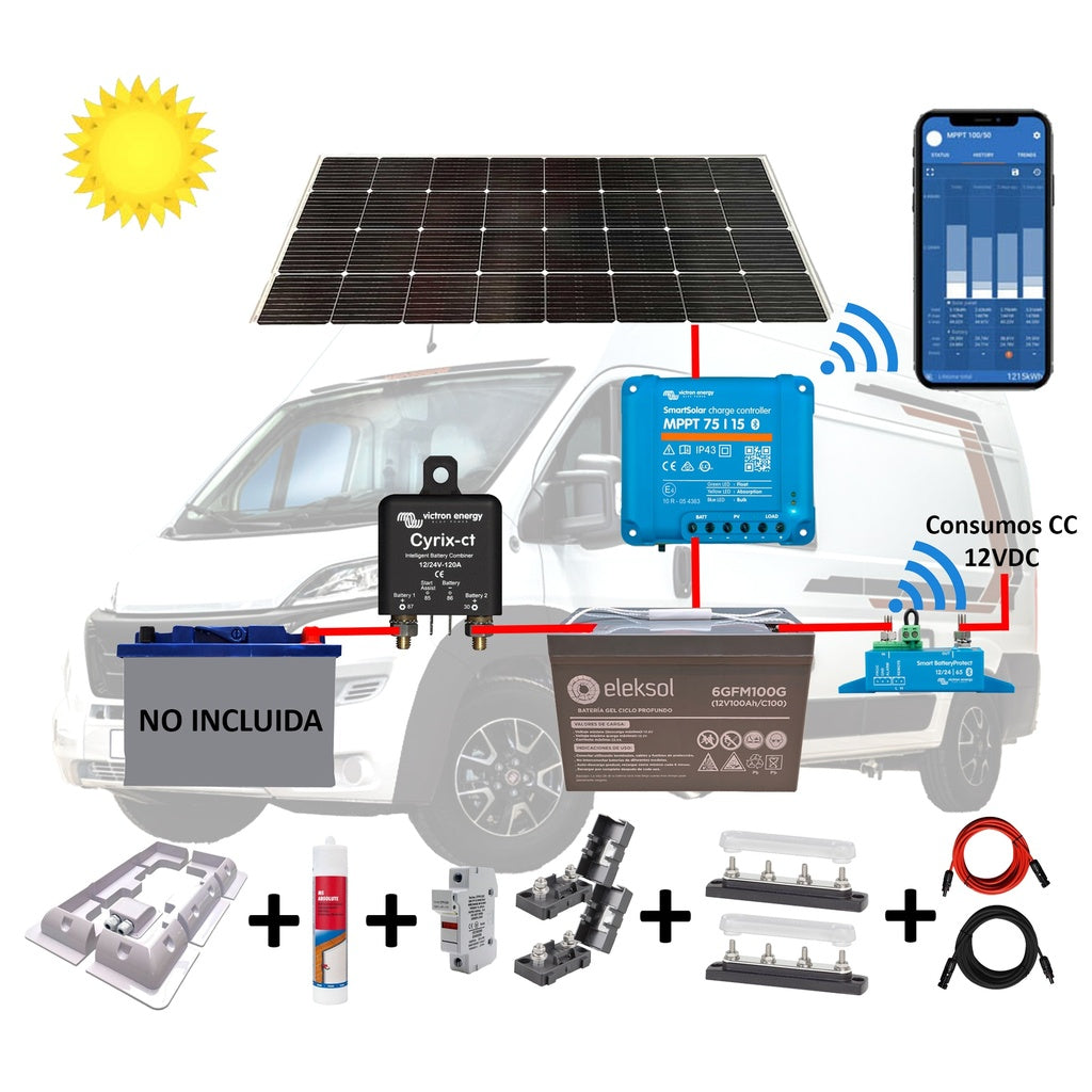 Eleksol Kit Camper relé, solar 200W, acumulación 100Ah, salida en 12V