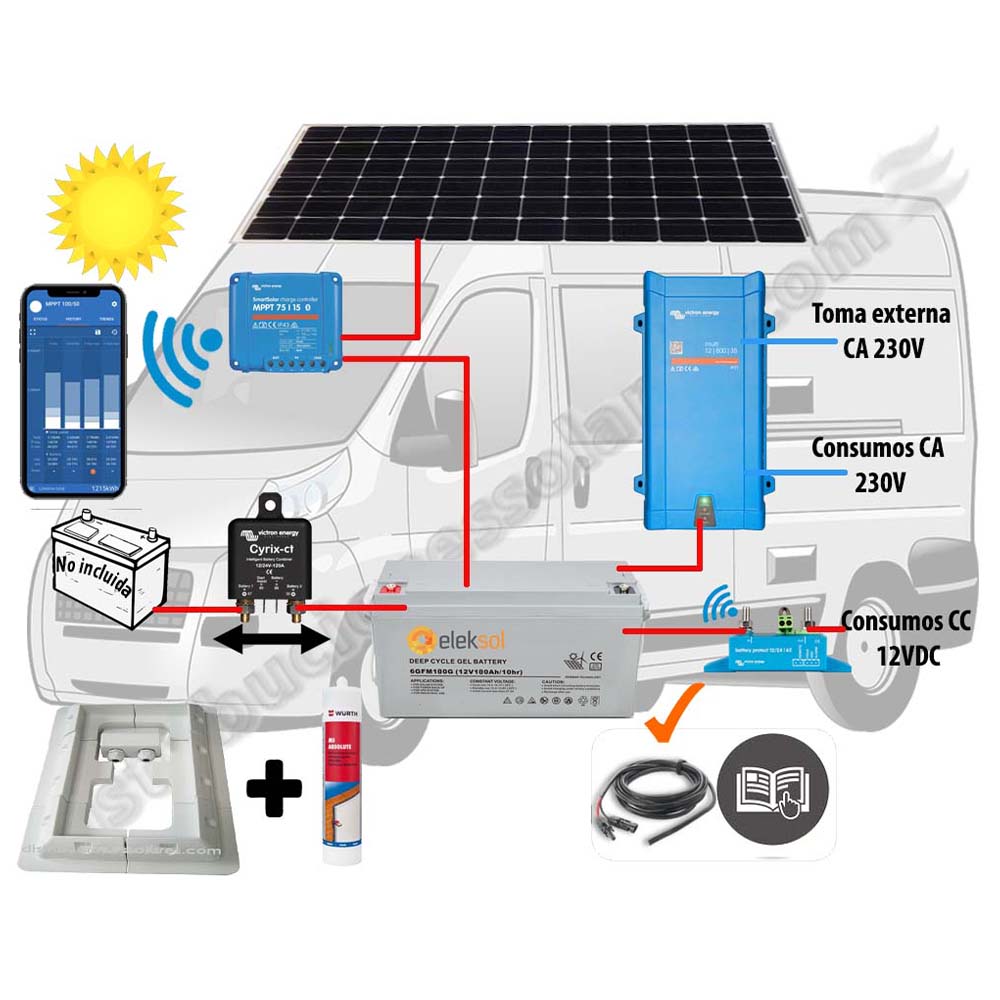 Eleksol Kit Camper relé, solar 200W, acumulación 180Ah, potencia 800VA