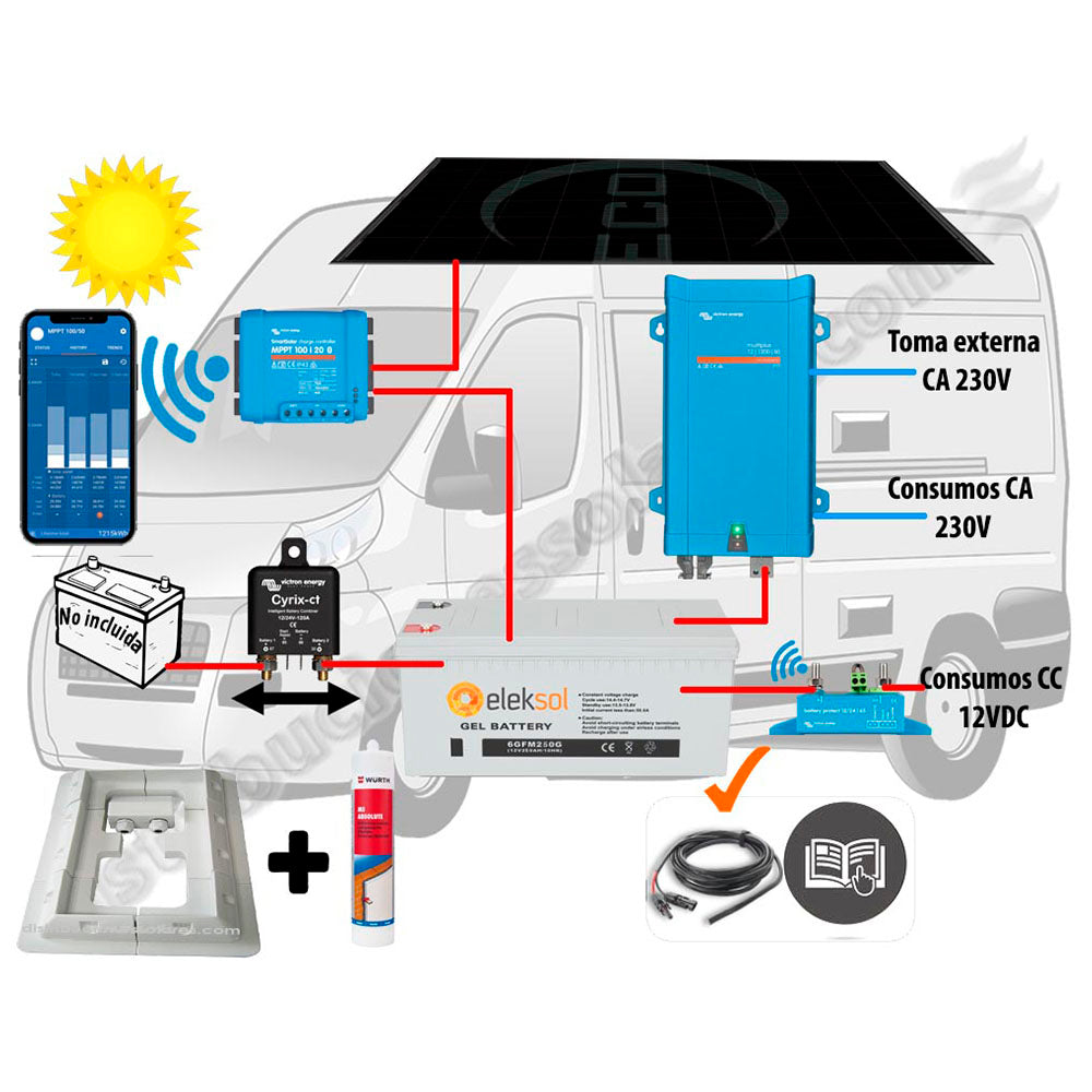 Eleksol Kit Camper relé, solar 305W, acumulación 250Ah, potencia 1200VA