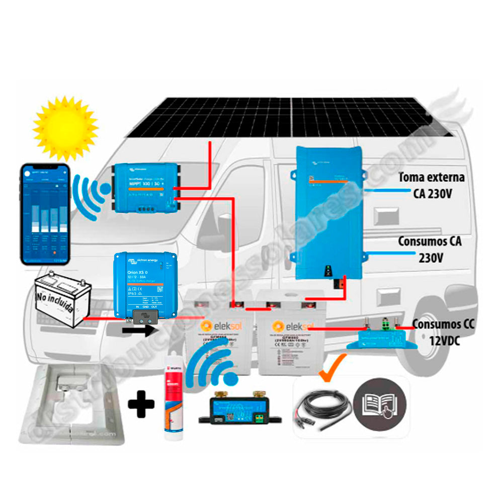 Eleksol Kit Camper booster 50A, solar 2x200W, acumulación 200Ah LFP, potencia 1600VA