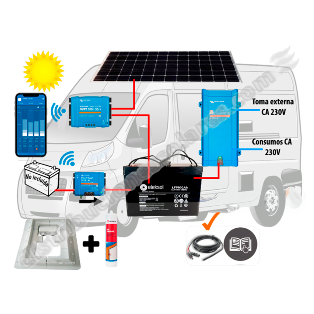 Victron Energy Kit Camper booster 18A, solar 200W, acumulación 100Ah LFP Pylontech, potencia 800VA