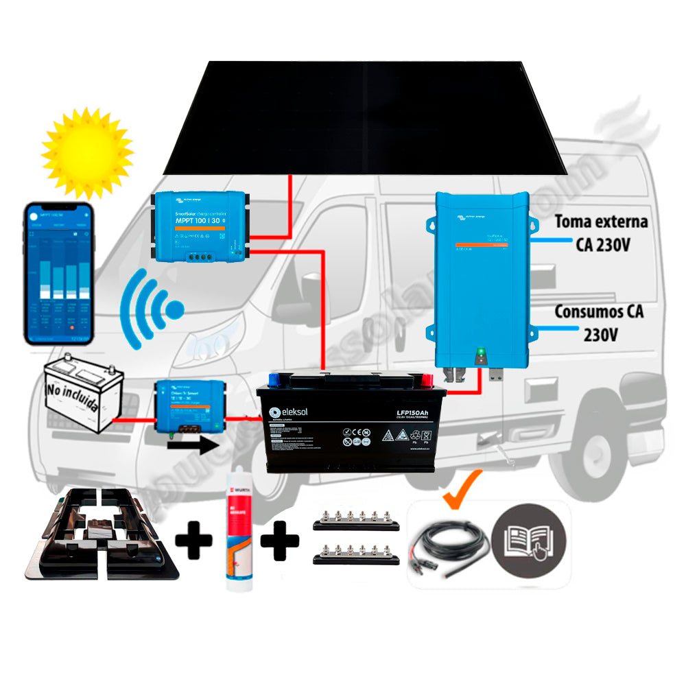 Victron Energy Kit Camper booster 30A, solar 400W IBC, acumulación 150Ah LFP, potencia 1200VA