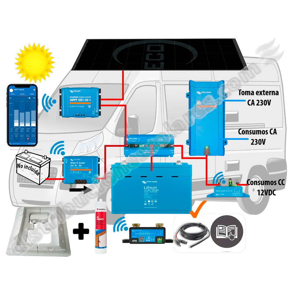 Victron Energy Kit Camper Victron, booster 50A, solar 400W IBC, acumulación 200Ah LFP, potencia 1600VA