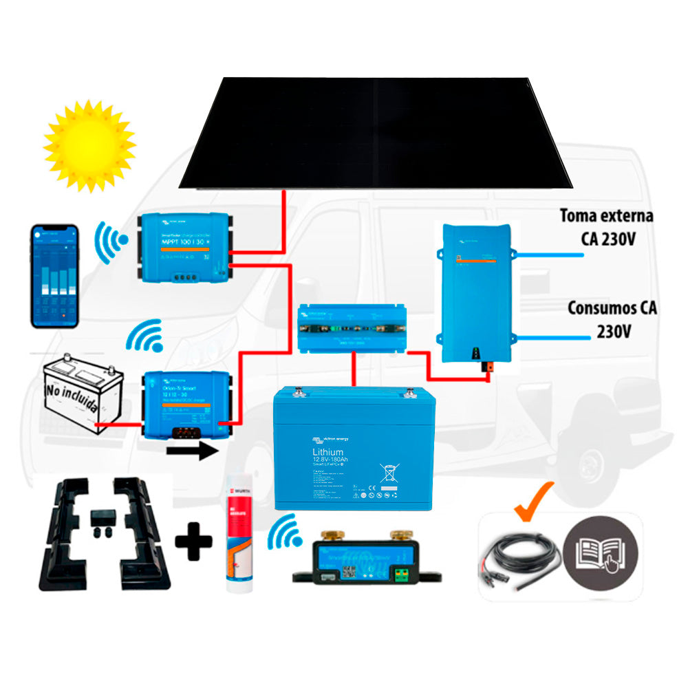 Victron Energy Kit Camper Victron, booster 50A, solar 400W IBC, acumulación 300Ah LFP, potencia 2000VA