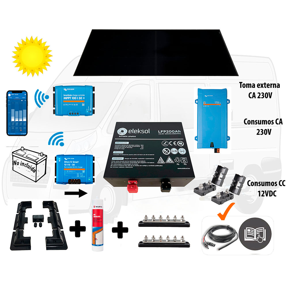 Eleksol Kit Camper booster 50A, solar 400W IBC, acumulación 200Ah LFP, potencia 2000VA