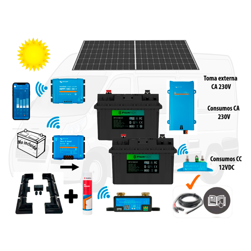 Pylontech Kit Camper booster 30A, solar 400W IBC, acumulación 200A LFP Pylontech, potencia 1600VA