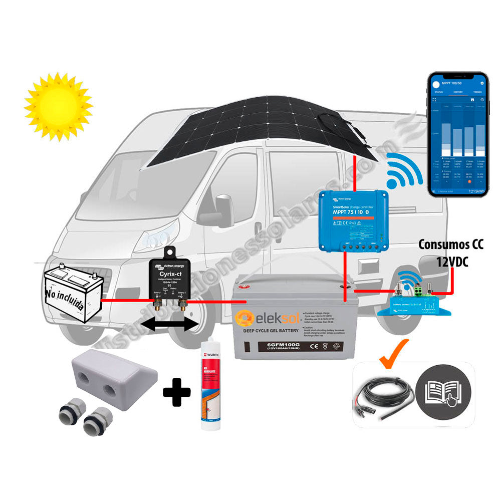 Eleksol Kit Camper relé, solar flexible 110W, acumulación 100Ah, salida en 12V