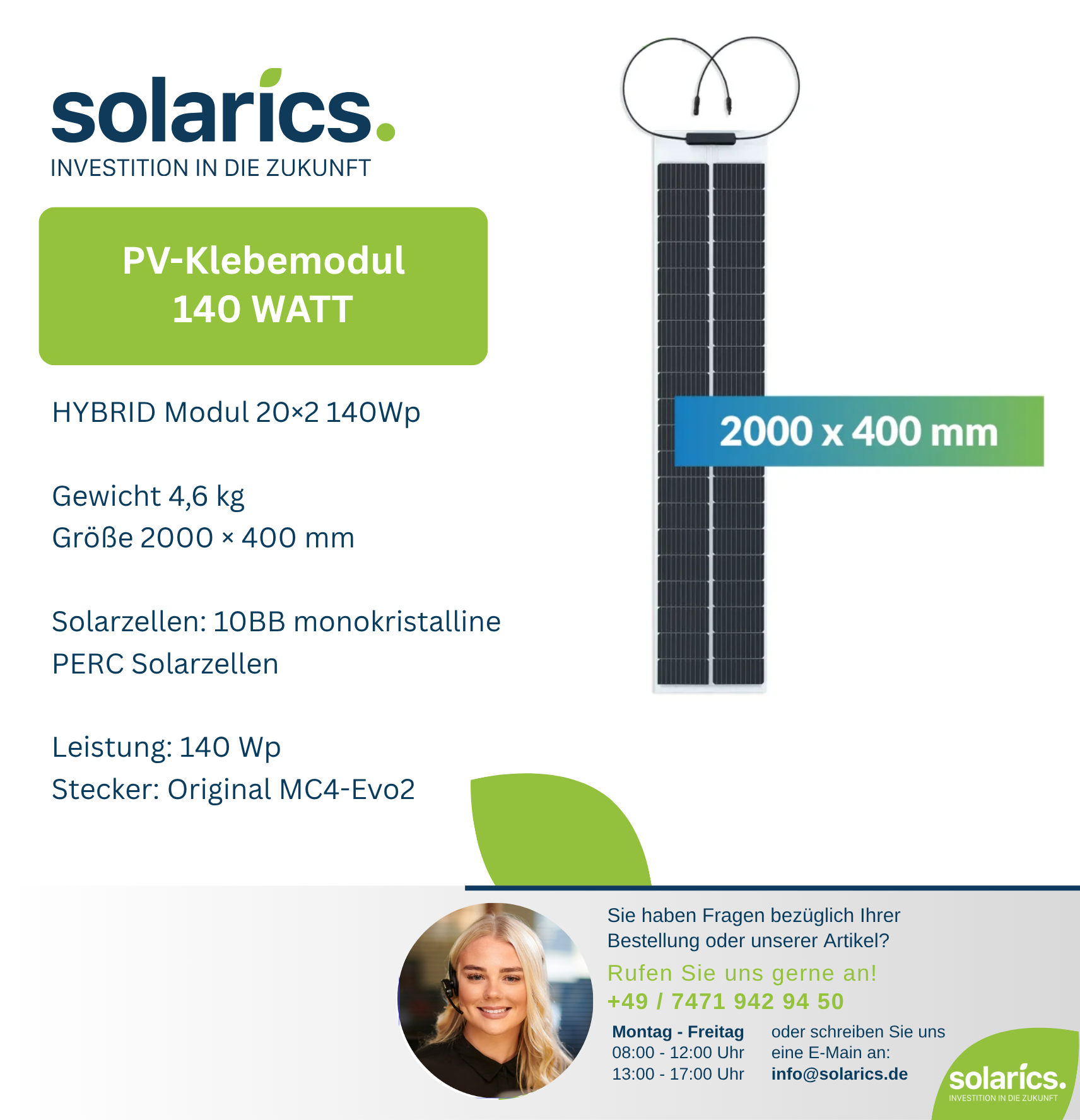 DAS Energy HYBRID Solarmodul 20×2 – 140Wp, ultraleicht, monokristallin, für Flachdach & Fassade