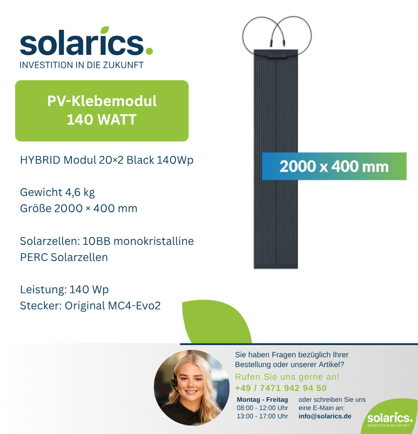 DAS Solar Solarmodul HYBRID Modul 20×2 Black 140Wp