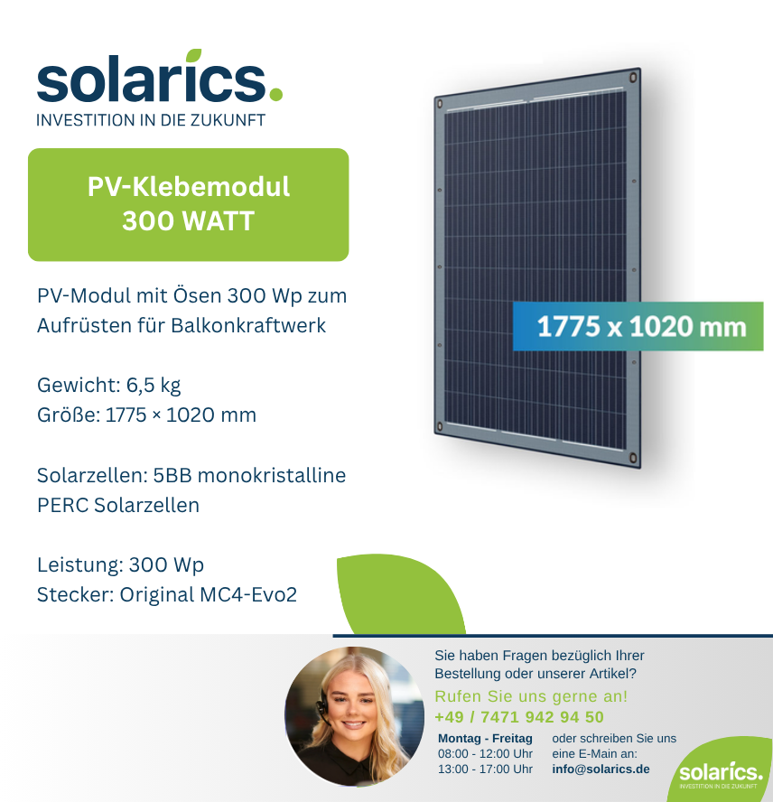 DAS Solar Solarmodul PV-Modul mit Ösen 300 Wp zum Aufrüsten für Balkonkraftwerk