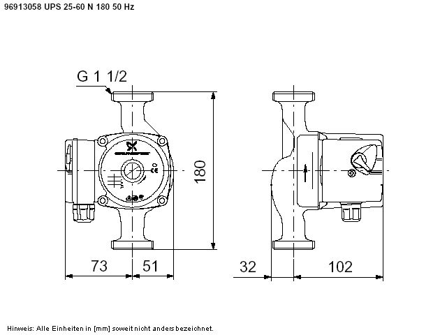 GRUNDFOS Umwälzpumpe UPS25-60N Rp1 180mm 3x400V