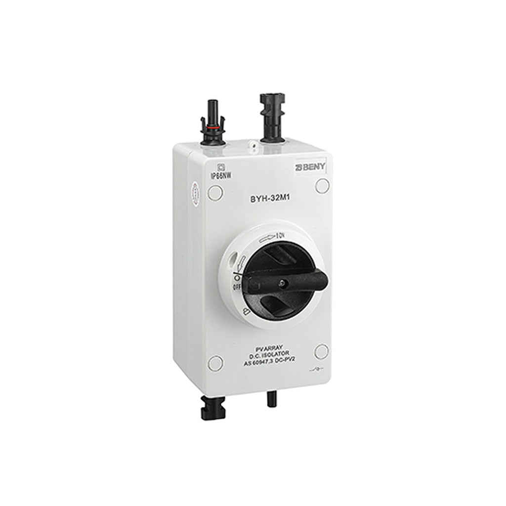 Desconectador CC IP66 32A BYH-32M1 | 1000VDC | 2 polos conector MC4 und 2 polos conector de Ausgang mismo diametro que M
