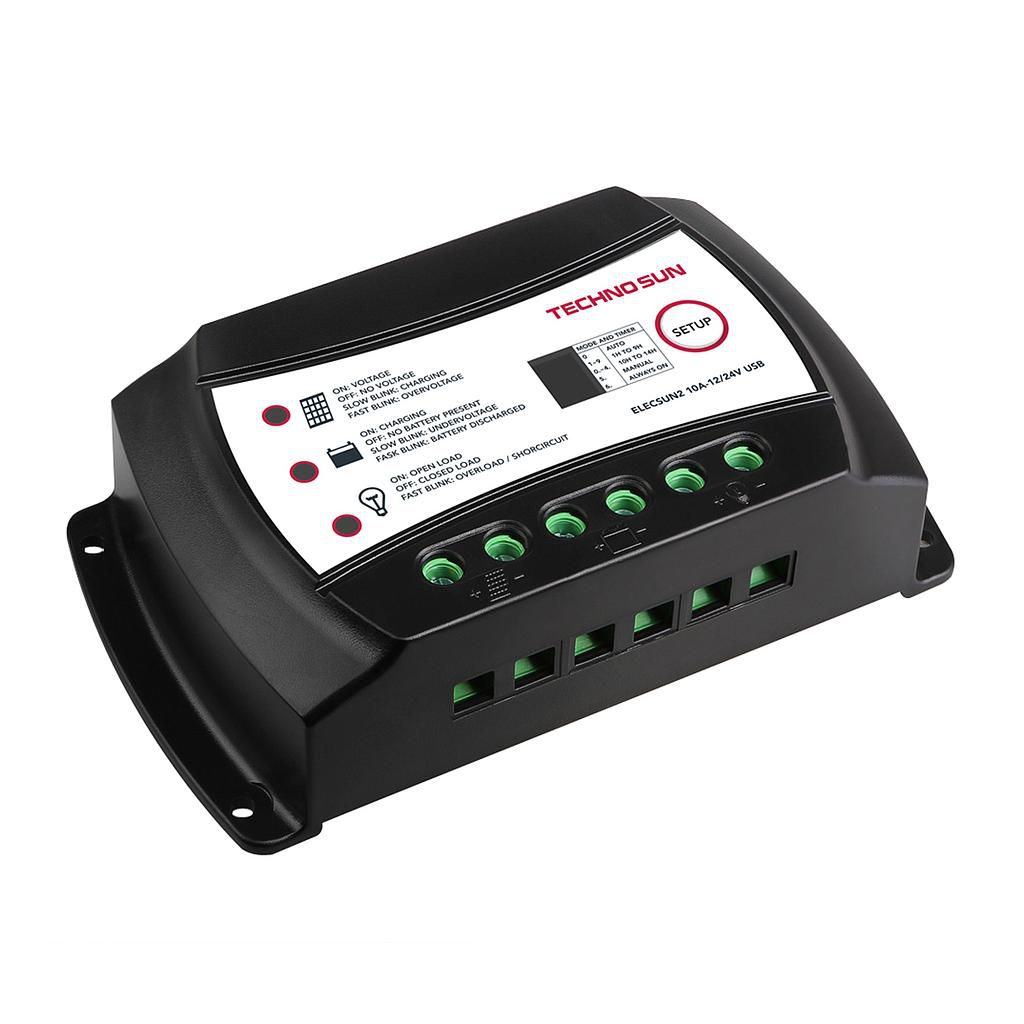 Regulador PWM 10A-12/24V mit programación crepuscular für iluminación und Ladegerät USB 2.0 | 10A | Tensión máx. de Eing